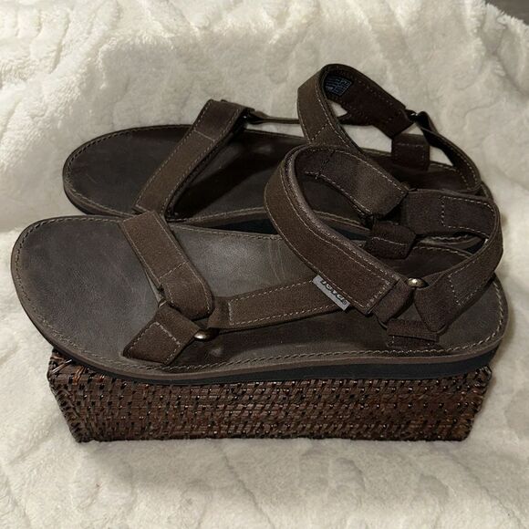 TEVA 13 Brown Original Universal Menswear Leather Canvas Velcro Straps Sandals - Picture 10 of 15
